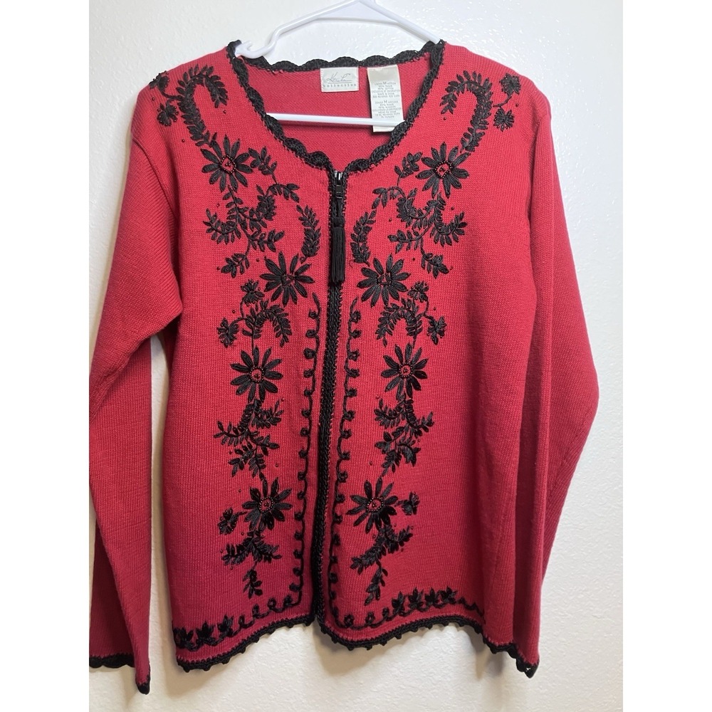 VTG Kathie Lee Red Black Embroidered Cardigan Sweater Women's M‎ Ramie Cotton